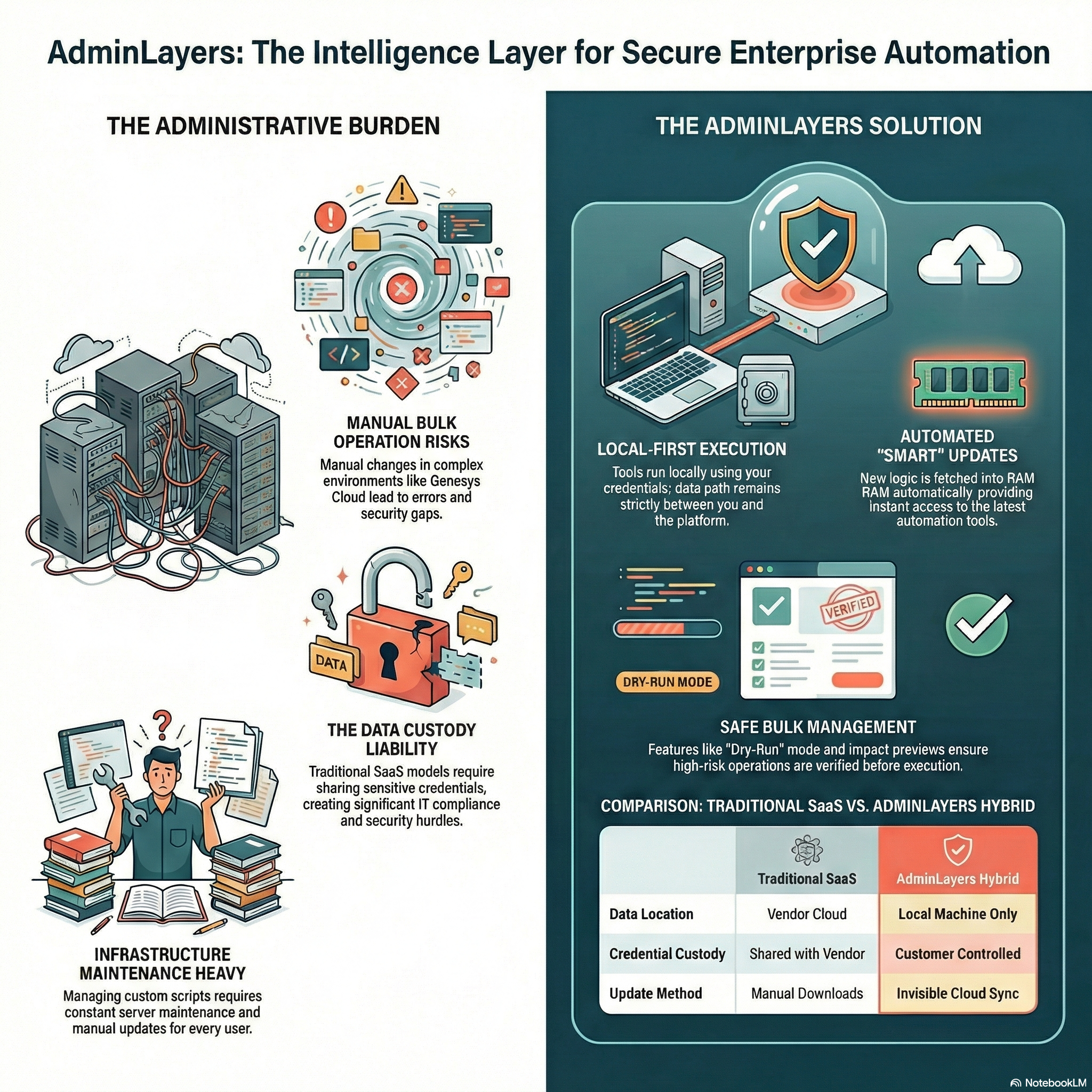 Admin Layers Infographic - Comparing traditional SaaS administration burden with the Admin Layers hybrid solution